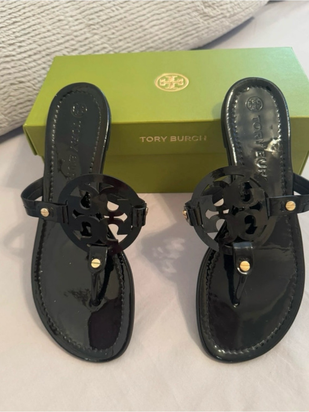 Salvatore Ferragamo Black Patent Logo Thong Sandals with Gold TORY BURCH
